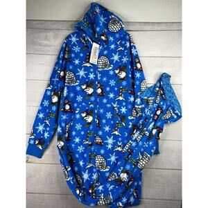 Winter Wonderland Footed Pajamas Adult Sz L Penguins Bears Igloo Dark Blue NWT